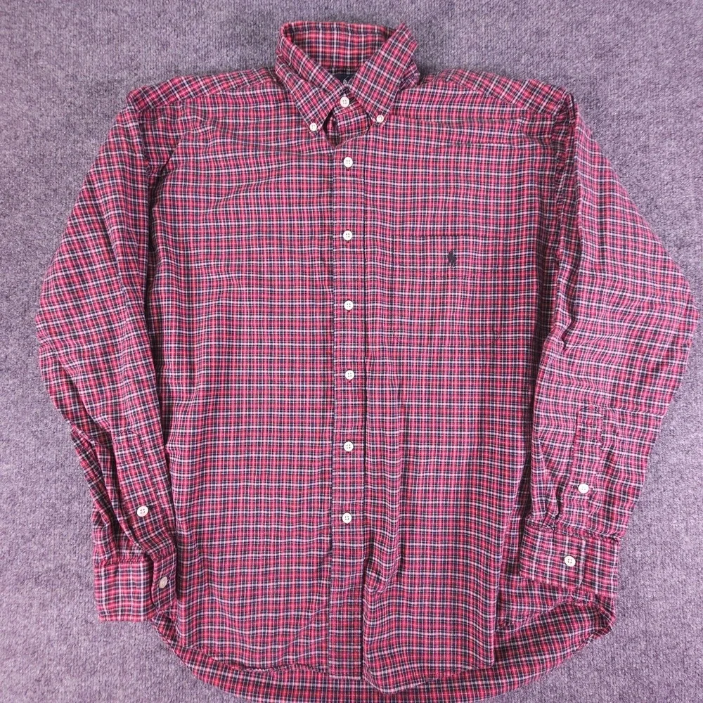 VTG Polo Ralph Lauren Big Shirt Men's M‎ Oxford Plaid Blue Pony Button Down